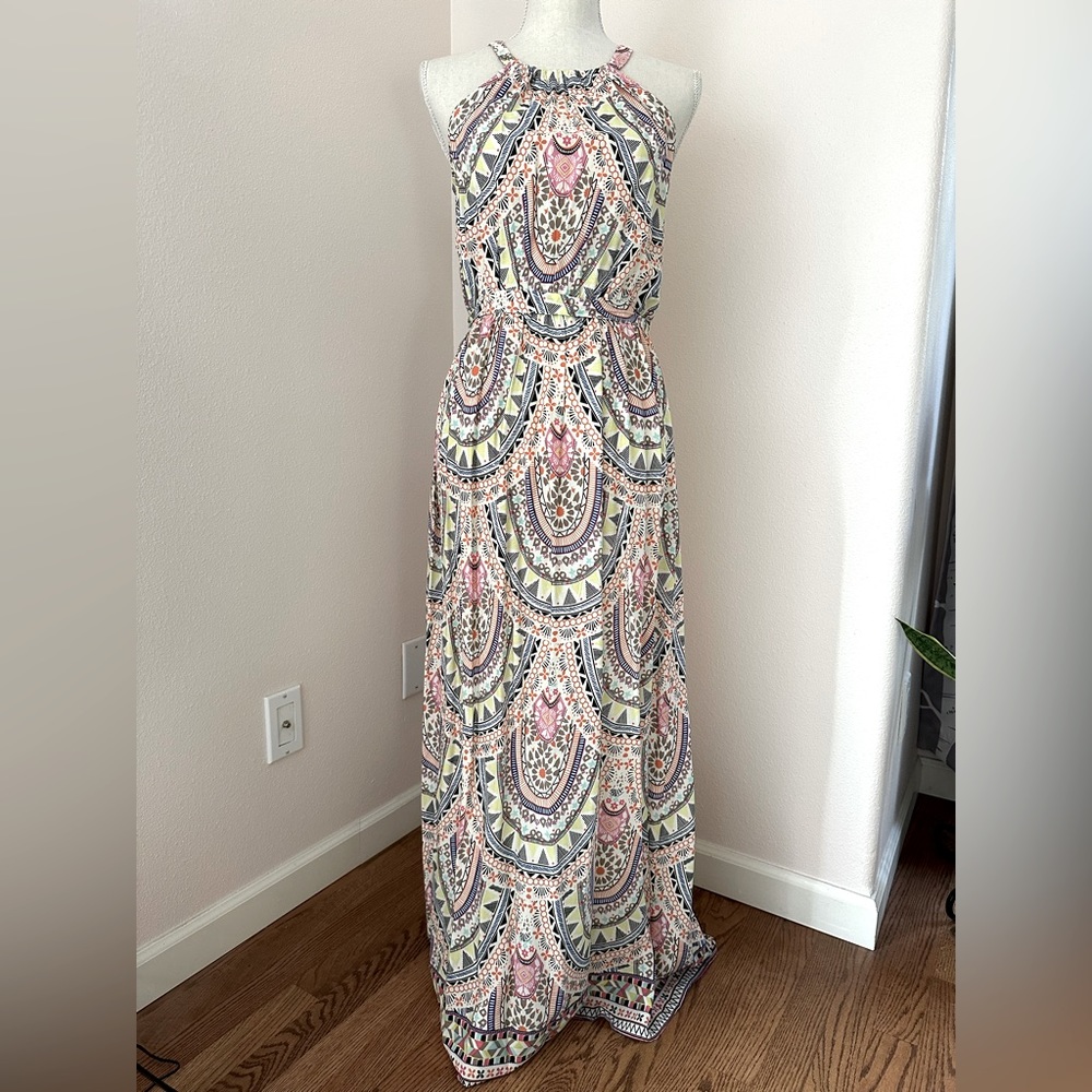 Sunny Girl Multi Colored Geometrical High-Neck Maxi Dress with Belt